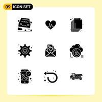 Modern Set of 9 Solid Glyphs Pictograph of cloud love arrange email gear insurance Editable Vector Design Elements