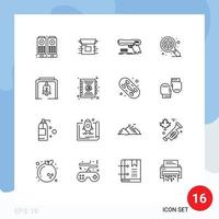 Mobile Interface Outline Set of 16 Pictograms of bell zoom gun search weapon Editable Vector Design Elements