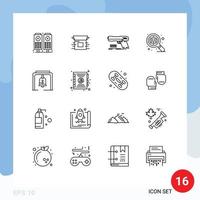 Mobile Interface Outline Set of 16 Pictograms of bell zoom gun search weapon Editable Vector Design Elements