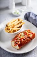 Lobster roll with fries on a plate topped with green onions photo