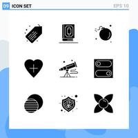 Pack of 9 Modern Solid Glyphs Signs and Symbols for Web Print Media such as spyglass human heart bomb heart shape science Editable Vector Design Elements