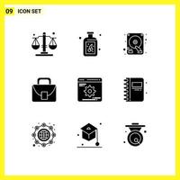 9 Universal Solid Glyphs Set for Web and Mobile Applications back to school gear hard disk development global Editable Vector Design Elements