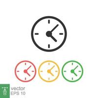 Clock icon. Simple flat style. Circle wall clock face, day, night, black, red, yellow, green color, business concept. Vector illustration isolated on white background. EPS 10.