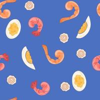 Shrimps, egg, narutomaki seamless pattern. Asian food background. Perfect for restaurant cafe and print menus. Vector hand draw cartoon illustration.