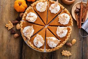 Traditional Thanksgiving pumpkin pie cut into slices photo