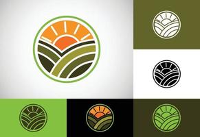 plantilla de diseño de logotipo de agricultura, campo de agricultura con símbolo de signo solar. vector