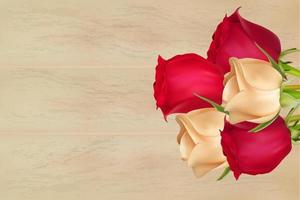 Bouquet of white and red roses on a wooden background with copy space. The concept of valentine's day, mother's day, women's day. Vector image