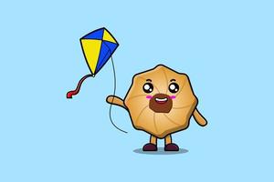 personaje de galletas de dibujos animados lindo jugando cometa volando vector