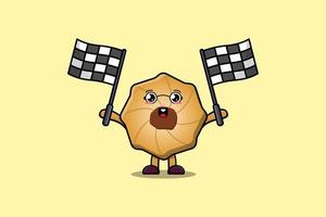 lindo personaje de dibujos animados de galletas con bandera de carrera vector