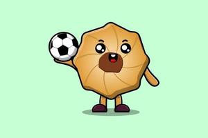 lindo personaje de dibujos animados de galletas jugando al fútbol vector