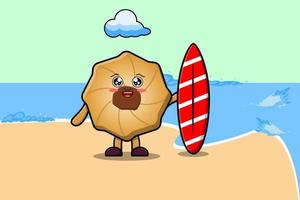 lindo personaje de dibujos animados de galletas jugando al surf vector