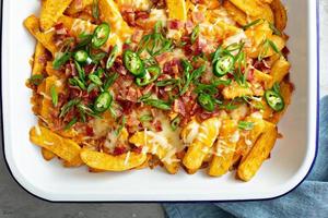 Cheese fries with bacon and green onions photo