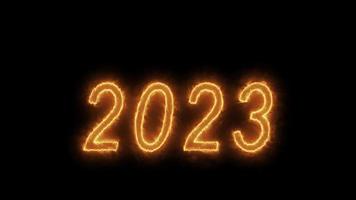 testo 2023 elettrico animazione isolato su nero sfondo, 2023 nuovo anno, design modello contento 2023 nuovo anno concetto vacanza animare carta video