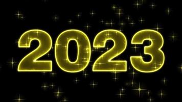 texte 2023 animation or avec étoiles scintillent, lumière isolée sur fond noir, 2023 nouvel an, modèle de conception joyeux 2023 nouvel an concept vacances animer carte video