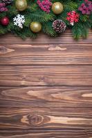 Christmas background with fir tree and decor. Top view, flat lay with copy space photo
