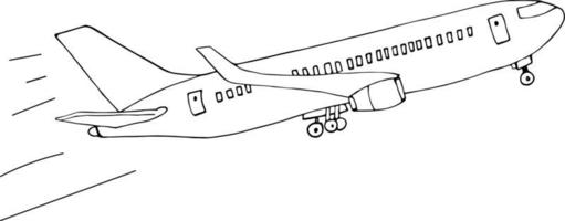 avión volador aislado en blanco. vector, ilustración dibujada a mano, estilo garabato. vector