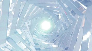 un túnel giratorio de cromo metálico plateado brillante con paredes de costillas y líneas en forma de hexágono con reflejos de rayos luminosos. fondo abstracto. video en alta calidad 4k, diseño de movimiento