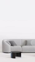 muebles modernos sobre fondo blanco con espacio de copia. tienda de muebles, detalles de interior. venta de muebles, proyecto de interiorismo. video vertical con espacio vacío. diseño minimalista. 3d, gráfico de movimiento.