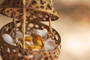 Close-up of golden wedding rings inside coconut shell photo