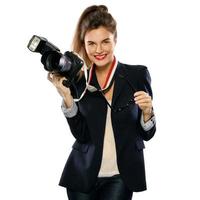 Woman photographer with a DSLR camera on white background photo