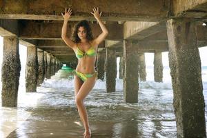 Sexy woman in bikini posing under old pier photo
