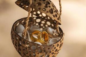 Close-up of golden wedding rings inside coconut shell photo