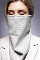 Beautiful woman wearing stylish leather neck gaiter instead of prevention mask photo