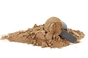 Closeup of scoop with a chocolate protein powder photo
