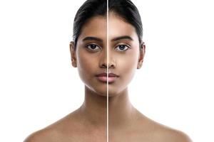Transformation of young Indian woman. Result of plastic surgery or retouch. photo
