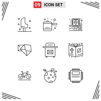 Mobile Interface Outline Set of 9 Pictograms of post open guide message business Editable Vector Design Elements