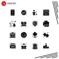 Set of 16 Vector Solid Glyphs on Grid for web security shopping provider man Editable Vector Design Elements