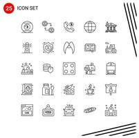 User Interface Pack of 25 Basic Lines of building bank ecommerce architecture globe Editable Vector Design Elements