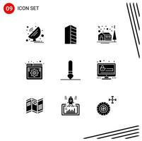 9 Thematic Vector Solid Glyphs and Editable Symbols of settings online landscape internet house Editable Vector Design Elements