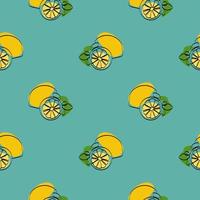 Seamless pattern with lemon on blue background. Continuous one line drawing lemon. Black line art on blue background with colorful spots. Vegan concept vector