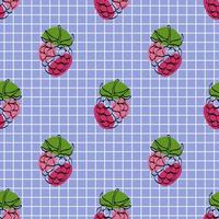 Seamless pattern with raspberries on blue background. Continuous one line drawing raspberries. Black line art on blue background with colorful spots. Vegan concept vector