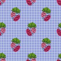 Seamless pattern with raspberries on blue background. Continuous one line drawing raspberries. Black line art on blue background with colorful spots. Vegan concept vector