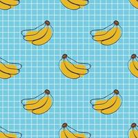 Seamless pattern with banana on blue background. Continuous one line drawing banana. Black line art on blue  background with colorful spots. Vegan concept vector