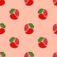 Seamless pattern with strawberry. Continuous one line drawing strawberry. Black line art with colorful spots. Vegan concept vector