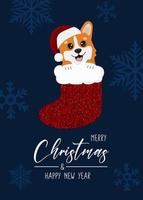 tarjeta de navidad con corgi navideño en calcetín. texto de saludo feliz navidad y feliz año nuevo. hermosa ilustración para tarjetas de felicitación, carteles y diseño de temporada. vector