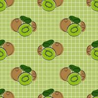 Seamless pattern with kiwi on green background. Continuous one line drawing kiwi. Black line art on green  background with colorful spots. Vegan concept vector