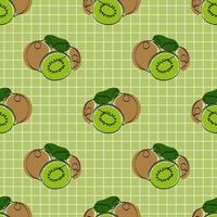 Seamless pattern with kiwi on green background. Continuous one line drawing kiwi. Black line art on green  background with colorful spots. Vegan concept vector