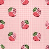 Seamless pattern with strawberry. Continuous one line drawing strawberry. Black line art with colorful spots. Vegan concept vector