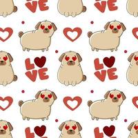 Seamless pattern with cute dog breed pug and hearts on white background. vector