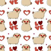 Seamless pattern with cute dog breed pug and hearts on white background. vector