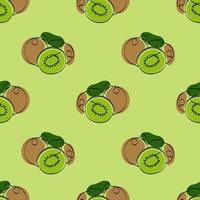 Seamless pattern with kiwi on green background. Continuous one line drawing kiwi. Black line art on green  background with colorful spots. Vegan concept vector