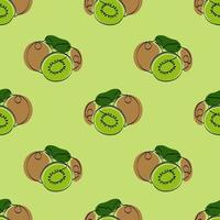 Seamless pattern with kiwi on green background. Continuous one line drawing kiwi. Black line art on green  background with colorful spots. Vegan concept vector