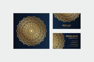 Gold business cards with flower oriental mandala free vector