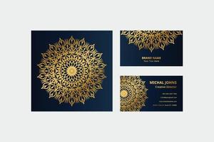 Gold business cards with flower oriental mandala free vector