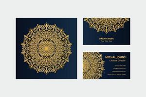 Gold business cards with flower oriental mandala free vector