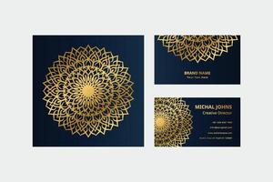 Gold business cards with flower oriental mandala free vector